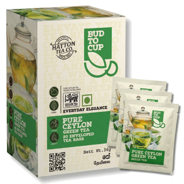 BUD TO CUP Pure Ceylon Green Tea packaging with tea bags on a white background