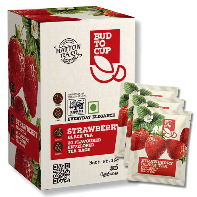 BUD TO CUP strawberry black tea packaging with tea bags displayed.