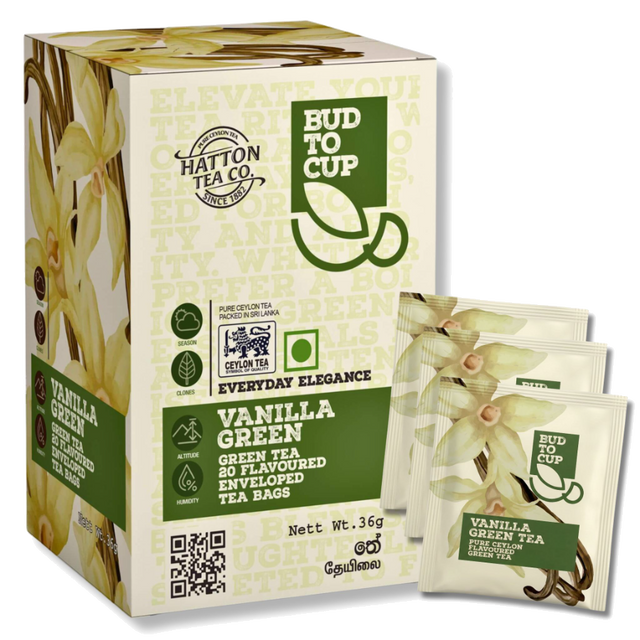 BUD TO CUP Vanilla Green tea packaging with tea bags displayed.