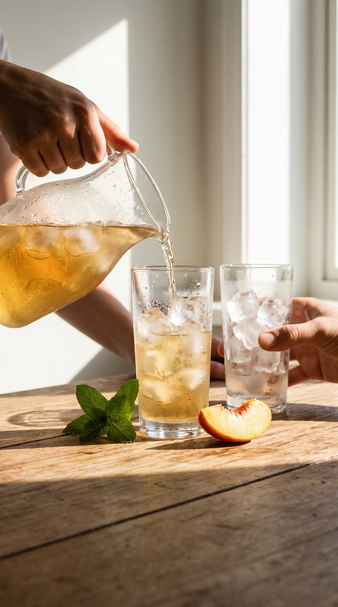 Hands pouring amber Ceylon iced tea over ice