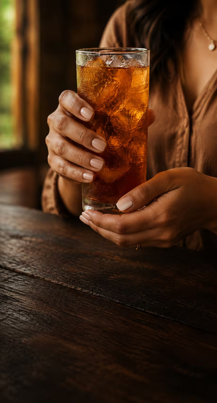 A person holding a tall glass of iced Tea with ice cubes on a dark wooden table.
