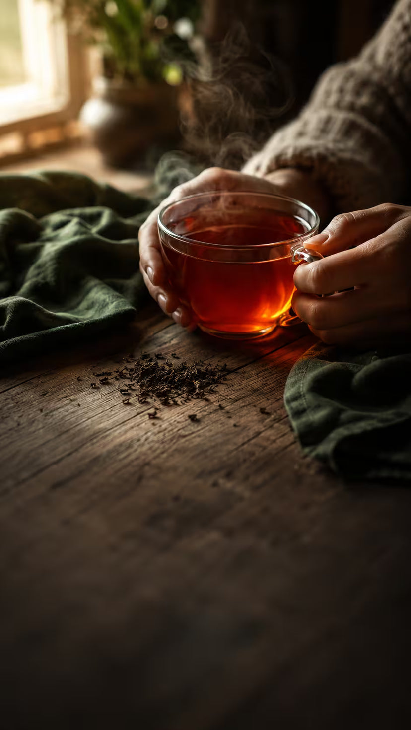 A person holds a clear glass cup filled with amber tea over a rustic wooden table, with steam rising and loose tea scattered nearby. A dark green cloth and a cozy knit sleeve are visible in a warm, softly lit indoor setting.