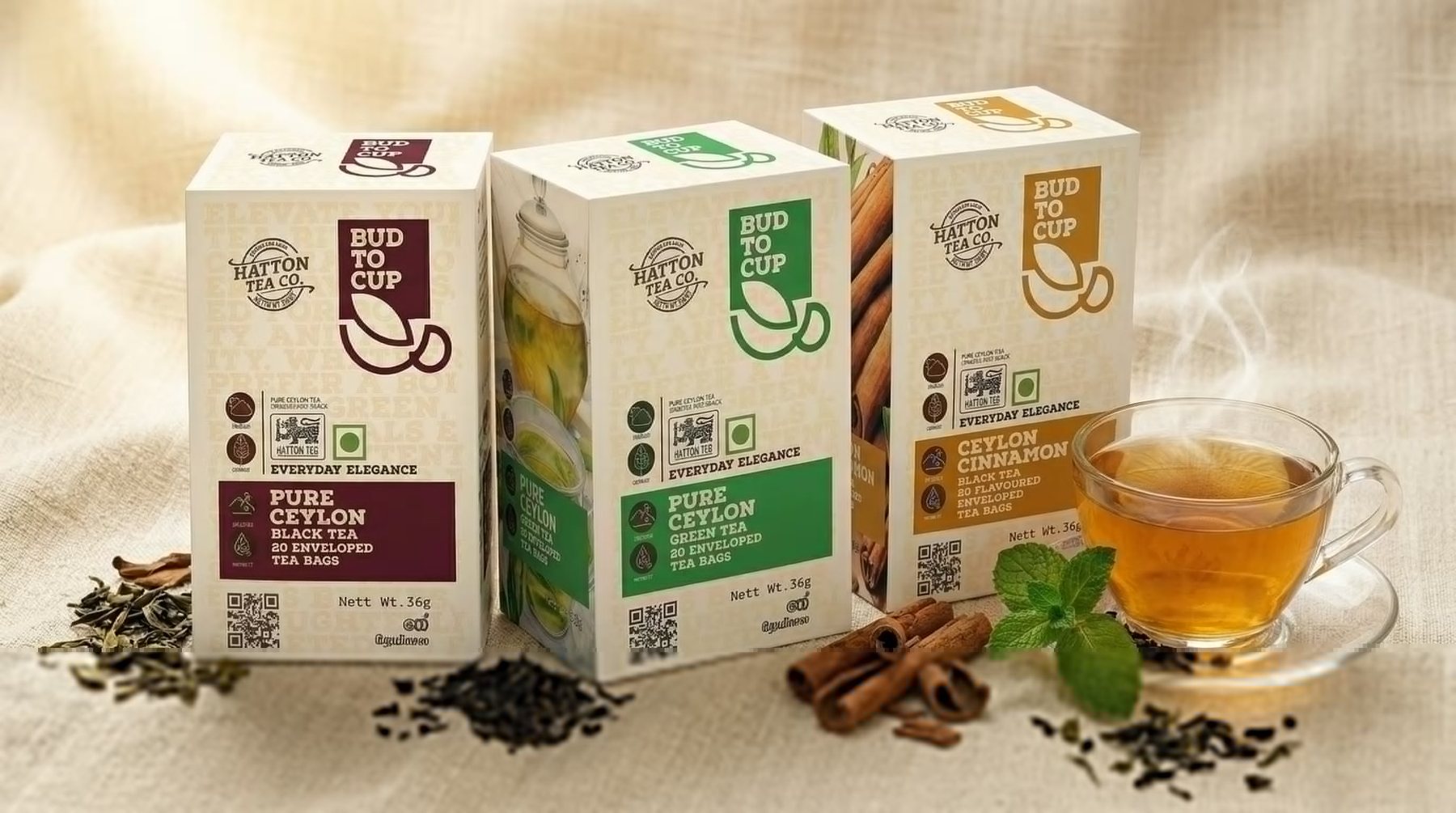BUD TO CUP Pure Ceylon black, green and Ceylon Cinnamon cartons with loose leaf and a glass of amber tea